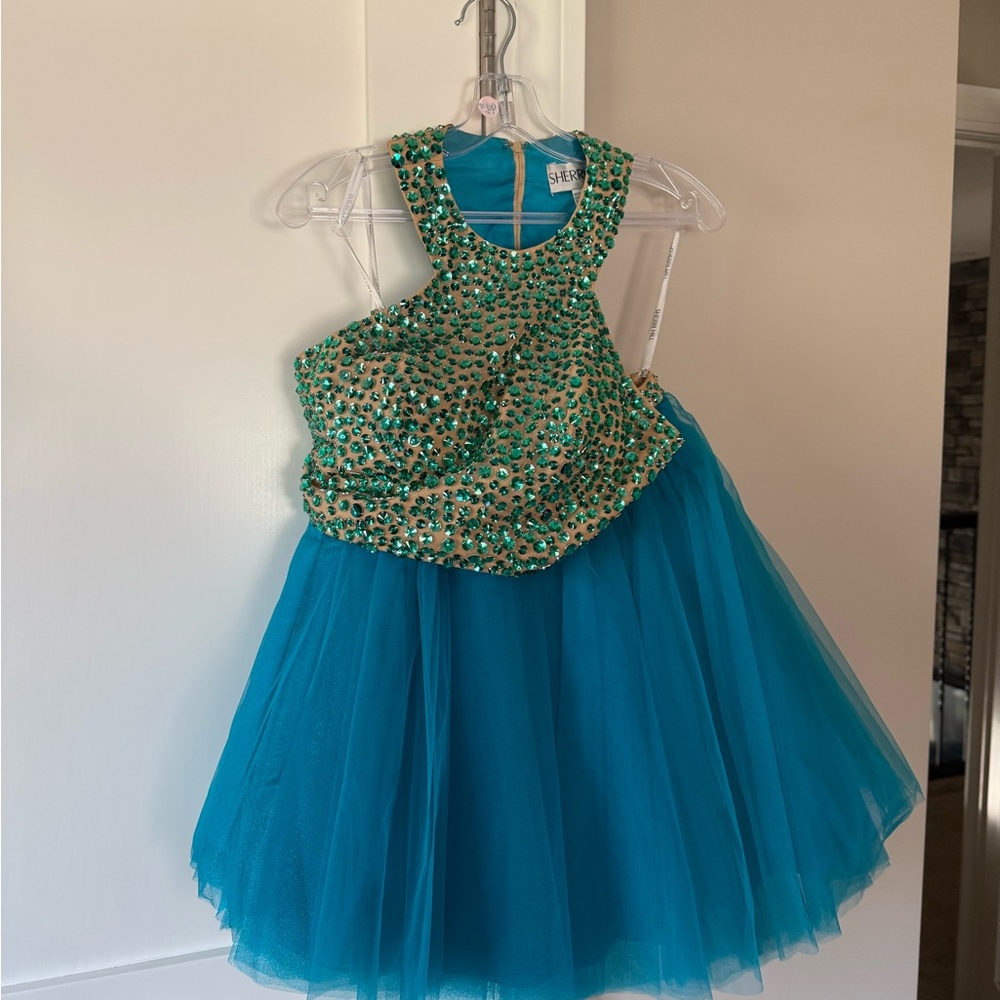 Sherri Hill Teal and Gold Beaded Tulle Prom Dress